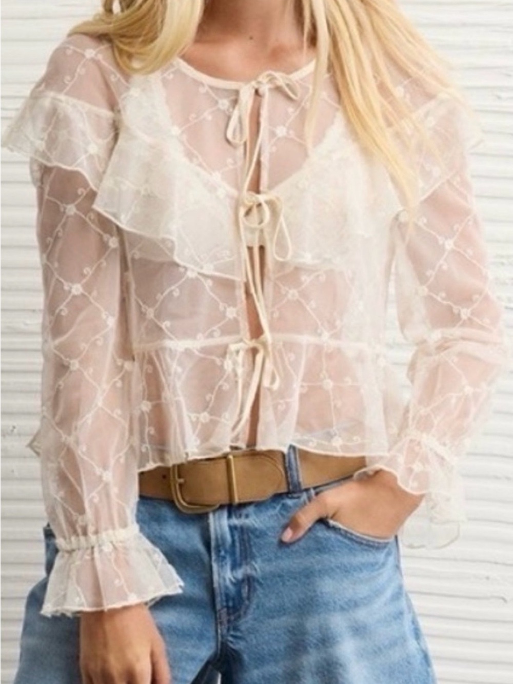American Eagle Sheer Mesh Front Tie Ruffle Trim Top Women’s Size XS - Picture 2 of 11